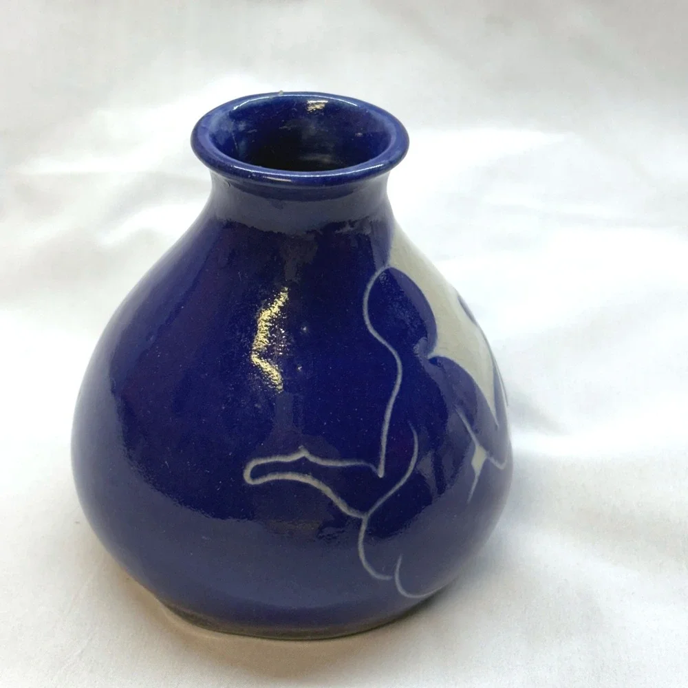 Handmade Studio Pottery Bud Vase Unisex Small Blue Good Signed Woman Moon